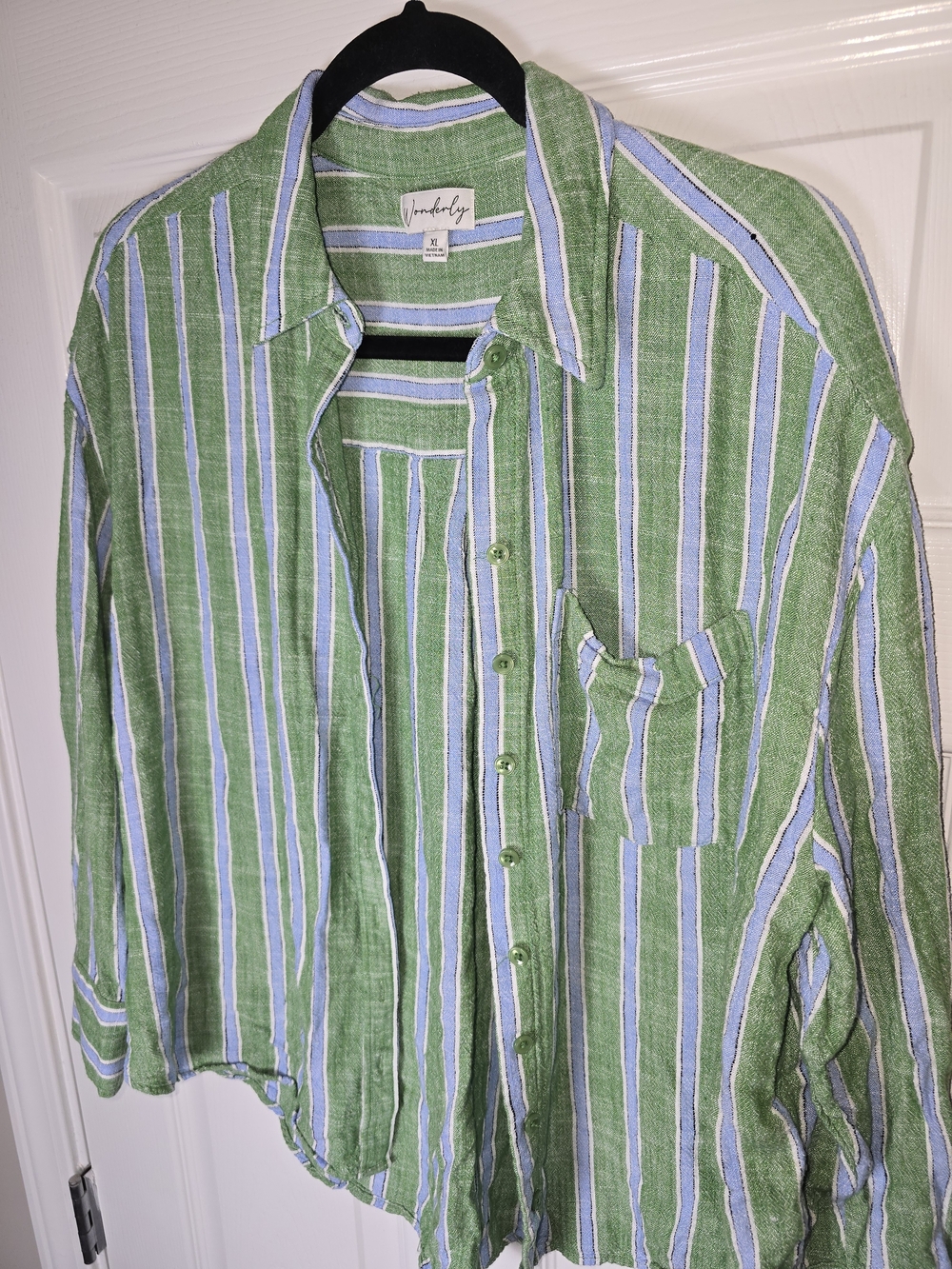 Wonderly Green, Blue & White Stripe Button-Down Shirt Linen Blend Size XL